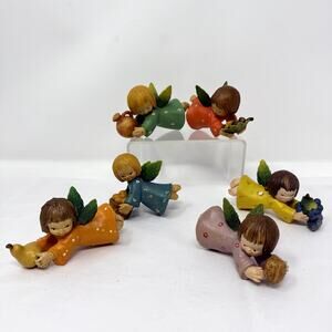 ANRI Italy Hand Painted Angel Ornaments Set Vintage Fruit Angels Lot Wood Look